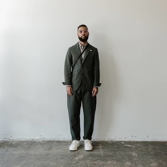 Men's Dark Green Suit, Multi colored Floral Dress Shirt, White Canvas Low Top Sneakers, Pink Sunglasses