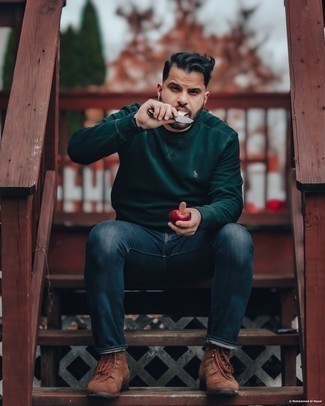 Dark Green Sweatshirt Outfits For Men: Why not reach for a dark green sweatshirt and navy jeans? Both items are totally comfortable and look good when combined together. Add brown suede casual boots to the equation to make the getup a bit more sophisticated.