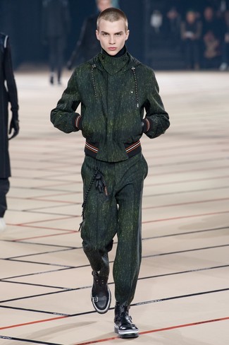 Dark Green Track Suit Outfits For Men: Consider wearing a dark green track suit for a casual ensemble that's also easy to wear. Black leather casual boots are the most effective way to give an element of sophistication to your ensemble.