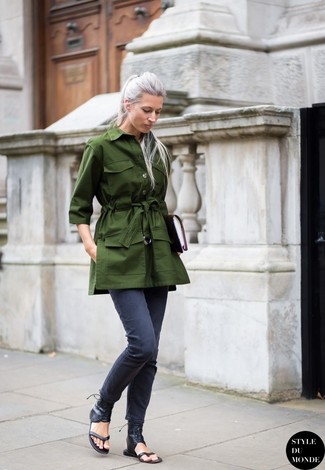Women's Dark Green Trenchcoat, Navy Skinny Jeans, Black Leather Thong Sandals