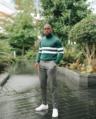 Teal Turtleneck Outfits For Men: This combo of a teal turtleneck and grey chinos is very easy to do and so comfortable to rock as well! Add white canvas low top sneakers to your look to inject an element of stylish nonchalance into this look.