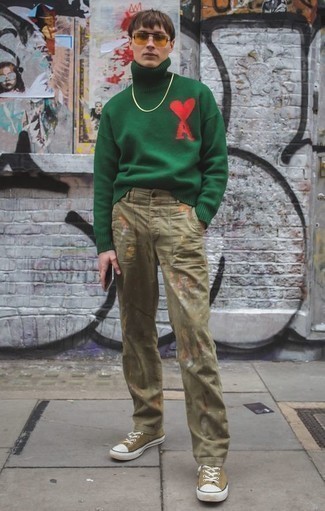 Men's Dark Green Wool Turtleneck, Khaki Print Chinos, Tan Canvas Low Top Sneakers, Orange Sunglasses