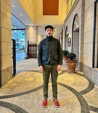 Men's Dark Green Windbreaker, Olive Chinos, Red Leather Casual Boots, Black Baseball Cap