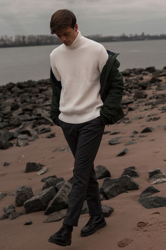 Men's Dark Green Windbreaker, White Knit Wool Turtleneck, Charcoal Chinos, Black Leather Casual Boots