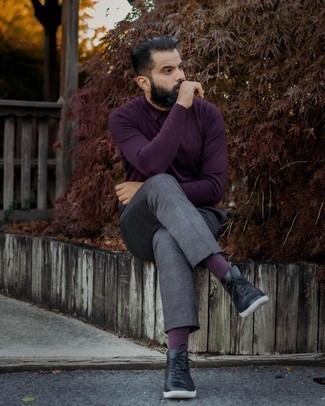 Dark Purple Polo Neck Sweater Outfits For Men: For an effortlessly polished look, try pairing a dark purple polo neck sweater with charcoal plaid chinos — these pieces fit really nice together. Black leather low top sneakers are a surefire way to give a sense of stylish effortlessness to your outfit.