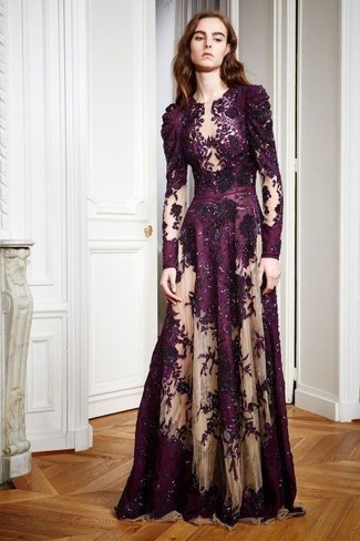 Dark Purple Sequin Evening Dress Outfits: For a look that's refined and red carpet-worthy, consider wearing a dark purple sequin evening dress.