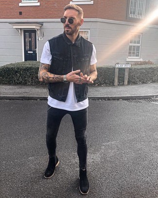 Black Sunglasses Casual Outfits For Men: This modern casual pairing of a black denim gilet and black sunglasses couldn't possibly come across other than ridiculously dapper. Add a more refined twist to an otherwise everyday ensemble by finishing off with black suede chelsea boots.