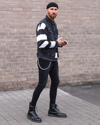 Black Beanie Outfits For Men: A black denim gilet and a black beanie are a contemporary combination that every modern man should have in his wardrobe. Feeling venturesome today? Spruce up this ensemble by sporting black leather chelsea boots.