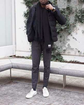 Black Scarf Outfits For Men: For a casually stylish ensemble, reach for a charcoal denim jacket and a black scarf — these two pieces play beautifully together. Ramp up the appeal of this getup by finishing off with a pair of white canvas low top sneakers.