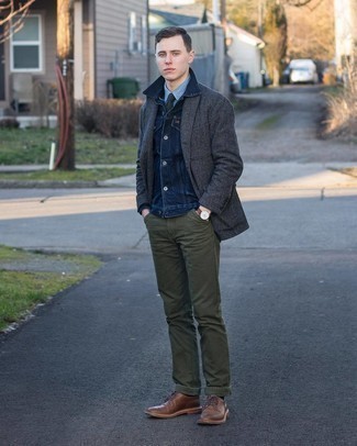 Brown Leather Derby Shoes Outfits: Consider pairing a navy denim jacket with olive chinos for both dapper and easy-to-style outfit. Here's how to elevate this ensemble: brown leather derby shoes.
