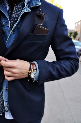 Navy Silk Scarf Outfits For Men: A blue denim jacket and a navy silk scarf have become bona fide closet styles.