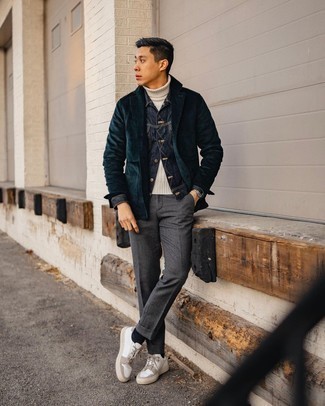 Teal Corduroy Blazer Outfits For Men: One of the best ways to style such a hard-working menswear piece as a teal corduroy blazer is to combine it with charcoal dress pants. White canvas low top sneakers will bring a more casual finish to an otherwise mostly dressed-up getup.