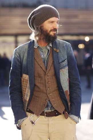 Tobacco Beanie Outfits For Men: This edgy combo of a grey denim jacket and a tobacco beanie is capable of taking on different forms according to the way you style it.