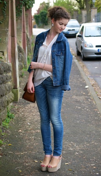 Women's Blue Denim Jacket, White Button Down Blouse, Blue Jeans, Tan Leather Wedge Sandals