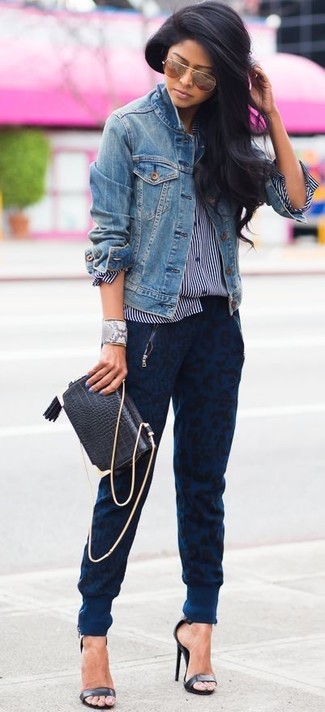 Women's Blue Denim Jacket, Navy and White Vertical Striped Button Down Blouse, Navy Leopard Pajama Pants, Black Leather Heeled Sandals