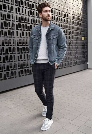 Men's Blue Denim Jacket, White Cable Sweater, Navy Plaid Chinos, White Canvas Low Top Sneakers