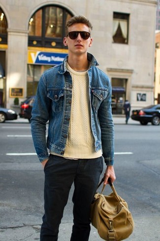 Men's Blue Denim Jacket, Beige Cable Sweater, Charcoal Chinos, Tan ...