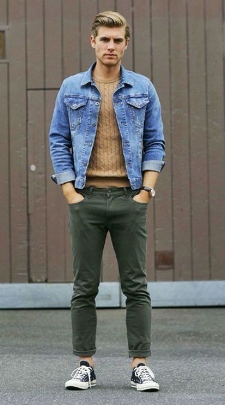 Men's Blue Denim Jacket, Tan Cable Sweater, Dark Green Jeans, Navy and White Canvas Low Top Sneakers