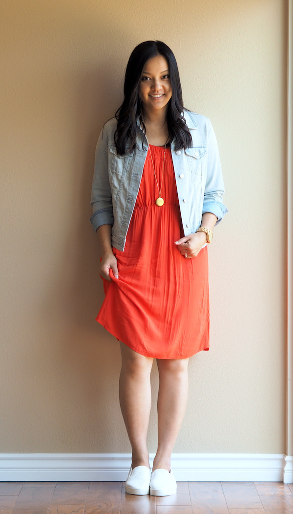 casual red dress with denim jacket