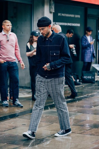 Charcoal Plaid Chinos Outfits: This combo of a navy denim jacket and charcoal plaid chinos is effortless, dapper and super easy to copy. Add a more informal twist to an otherwise classic outfit by wearing black and white canvas high top sneakers.