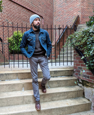 Light Blue Beanie Outfits For Men: Extremely dapper and functional, this combination of a blue denim jacket and a light blue beanie delivers amazing styling opportunities. For shoes, you could go down a more classic route with a pair of dark brown leather casual boots.