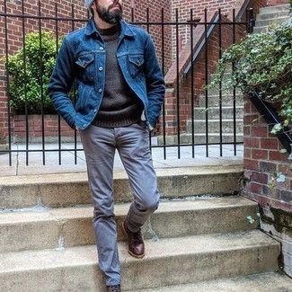 Light Blue Beanie Outfits For Men: Try teaming a blue denim jacket with a light blue beanie for equally dapper and easy-to-style ensemble. Serve a little mix-and-match magic by sporting brown leather casual boots.