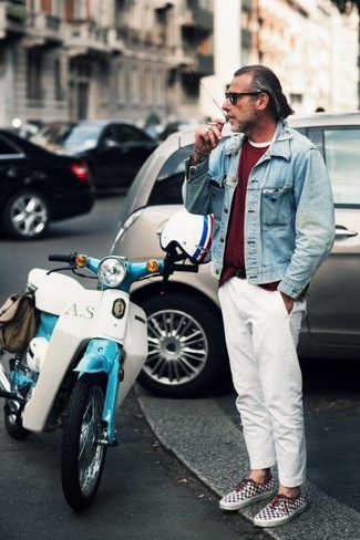 Burgundy Low Top Sneakers Outfits For Men: For an ensemble that's super simple but can be flaunted in plenty of different ways, pair a light blue denim jacket with white chinos. For times when this ensemble is just too much, dress it down by finishing off with a pair of burgundy low top sneakers.