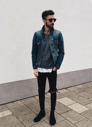 Black Suede Desert Boots Outfits: You'll be amazed at how very easy it is for any gent to put together a modern casual ensemble like this. Just a navy denim jacket worn with black ripped skinny jeans. Add a pair of black suede desert boots to the mix to immediately rev up the wow factor of any ensemble.