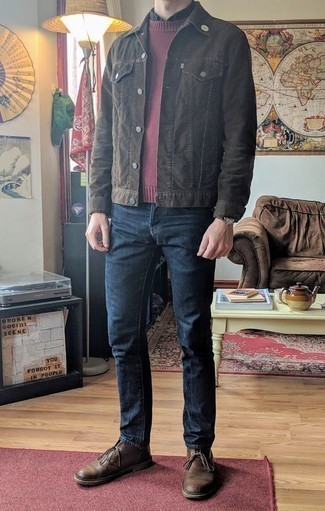 Burgundy Crew-neck Sweater Outfits For Men: Go for a burgundy crew-neck sweater and navy jeans to put together an interesting and modern-looking casual outfit. A pair of brown leather desert boots looks amazing here.