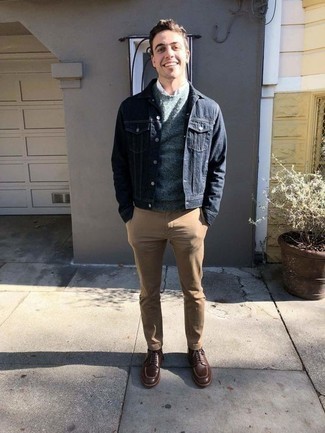 Blue Crew-neck Sweater Outfits For Men: A blue crew-neck sweater and khaki chinos paired together are a perfect match. You could perhaps get a bit experimental in the footwear department and complement this getup with brown leather casual boots.