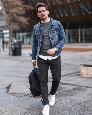 Men's Blue Denim Jacket, Charcoal Crew-neck Sweater, White Long Sleeve Shirt, Charcoal Chinos