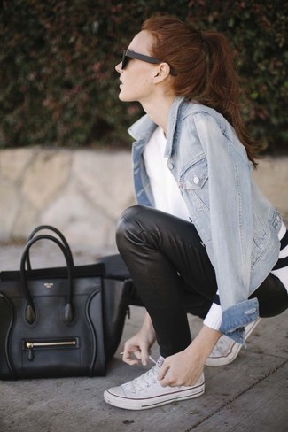 Women's Light Blue Denim Jacket, White Crew-neck Sweater, Black Leather Skinny Pants, White Canvas Low Top Sneakers