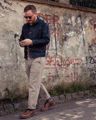 Sunglasses Outfits For Men: To assemble an off-duty menswear style with an urban take, choose a navy denim jacket and sunglasses. Bring a different twist to this look by rounding off with brown leather derby shoes.
