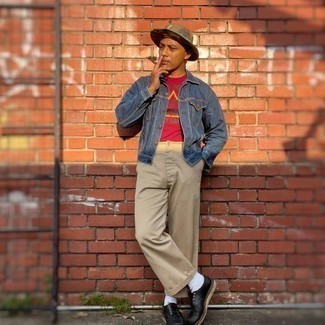 Bucket Hat Outfits For Men: Reach for a navy denim jacket and a bucket hat for a laid-back look with a contemporary spin. Finishing off with a pair of black leather derby shoes is a fail-safe way to introduce a bit of depth to your look.
