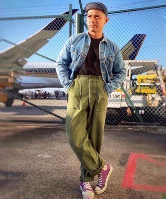 Violet Canvas High Top Sneakers Outfits For Men: For an outfit that's pared-down but can be worn in plenty of different ways, make a light blue denim jacket and olive chinos your outfit choice. Infuse a more casual vibe into your ensemble by rocking a pair of violet canvas high top sneakers.