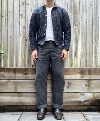 Charcoal Chinos Outfits: A navy denim jacket and charcoal chinos are an easy way to introduce toned down dapperness into your day-to-day wardrobe. Balance this outfit with a smarter kind of footwear, like these dark brown leather chelsea boots.