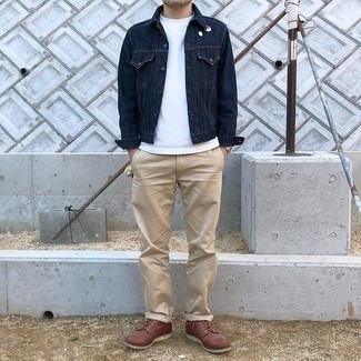 Beige Chinos Casual Outfits: This casual combination of a navy denim jacket and beige chinos is a safe option when you need to look nice in a flash. If you wish to effortlessly ramp up your outfit with footwear, why not complete your look with brown leather casual boots?