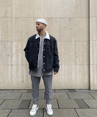 Grey Print High Top Sneakers Outfits For Men: On-trend yet practical, this ensemble features a black denim jacket and grey chinos. To give your ensemble a more laid-back aesthetic, introduce a pair of grey print high top sneakers to the mix.