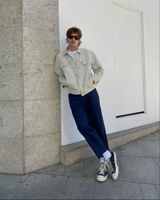 Men's Beige Denim Jacket, White Crew-neck T-shirt, Navy Chinos, Black and White Canvas Low Top Sneakers