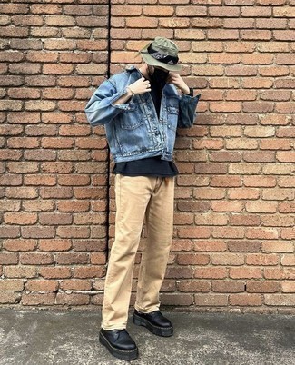 Olive Bucket Hat Outfits For Men: Why not choose a light blue denim jacket and an olive bucket hat? As well as totally functional, both pieces look awesome when married together. Complete this look with a pair of black leather work boots and you're all set looking spectacular.