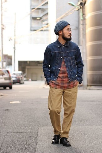 Men's Outfits 2022: This pairing of a navy denim jacket and khaki chinos is the perfect foundation for a cool and relaxed outfit. To bring out a refined side of you, throw a pair of black leather derby shoes in the mix.