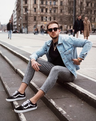 Charcoal Plaid Chinos Outfits: If you're searching for a casual but also stylish look, wear a light blue denim jacket with charcoal plaid chinos. Black and white canvas low top sneakers integrate seamlessly within a ton of combinations.