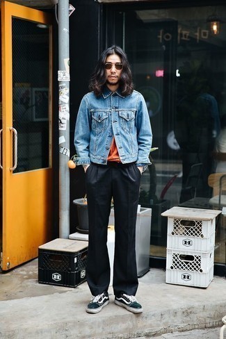 Womens Light Blue Embroidered Denim Jacket Orange Crewneck Sweater  Black Skinny Jeans White Canvas High Top Sneakers  Lookastic