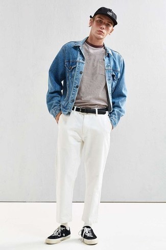 Men's Blue Denim Jacket, Brown Horizontal Striped Crew-neck T-shirt, White Chinos, Black and White Suede Low Top Sneakers