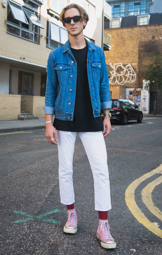 Blue Denim Jacket Outfits For Men: Wear a blue denim jacket and white chinos to demonstrate your styling expertise. Finishing with pink canvas high top sneakers is an easy way to add a sense of stylish effortlessness to this getup.