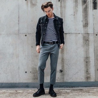 Men's Charcoal Denim Jacket, White and Navy Horizontal Striped Crew-neck T-shirt, Grey Chinos, Black Leather Derby Shoes