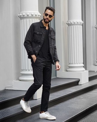 Grey Denim Jacket Outfits For Men: Pair a grey denim jacket with black chinos for a casually stylish and fashionable outfit. Complement this outfit with white canvas low top sneakers to keep the getup fresh.