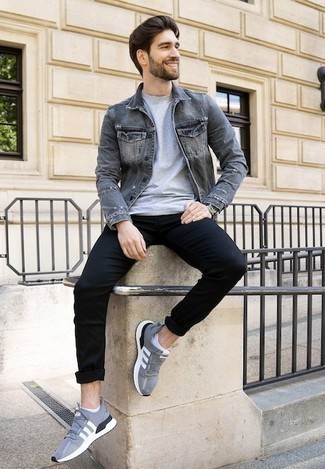 Grey Denim Jacket Outfits For Men: You'll be amazed at how easy it is for any man to throw together this laid-back outfit. Just a grey denim jacket and black chinos. Feeling inventive today? Play down this look by slipping into grey athletic shoes.