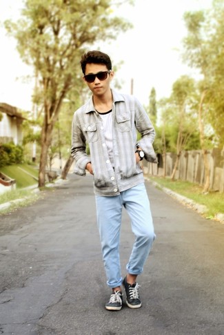 Men's Grey Denim Jacket, White and Black Crew-neck T-shirt, Light Blue Chinos, Charcoal Low Top Sneakers