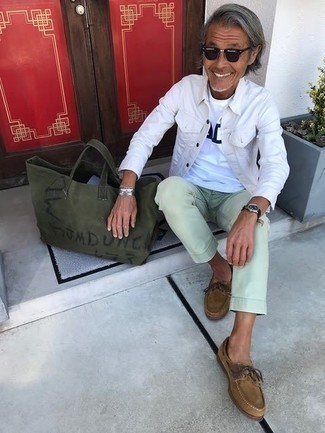 Green Chinos Outfits: To achieve a laid-back look with a clear fashion twist, try pairing a white denim jacket with green chinos. When in doubt as to the footwear, complement this ensemble with tan suede boat shoes.